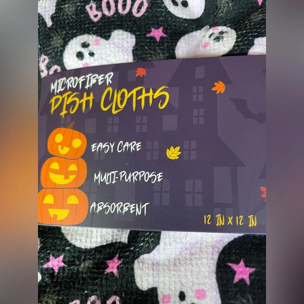 8x Halloween Ghosts Microfiber Kitchen Dish Towel Set Black White Spiders NWT